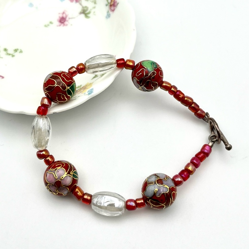 Vintage Sterling Silver Cloisonne and Glass Beaded Bracelet